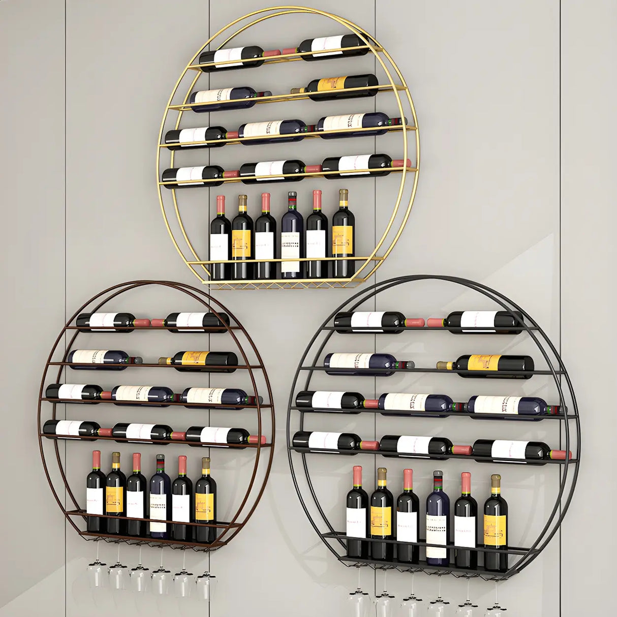 Gold Round Iron Floating Wall Stemware Holders Wine Rack Image - 18