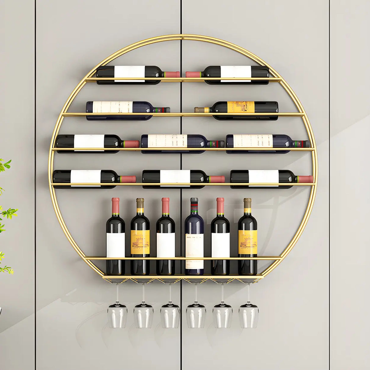 Gold Round Iron Floating Wall Stemware Holders Wine Rack Image - 1