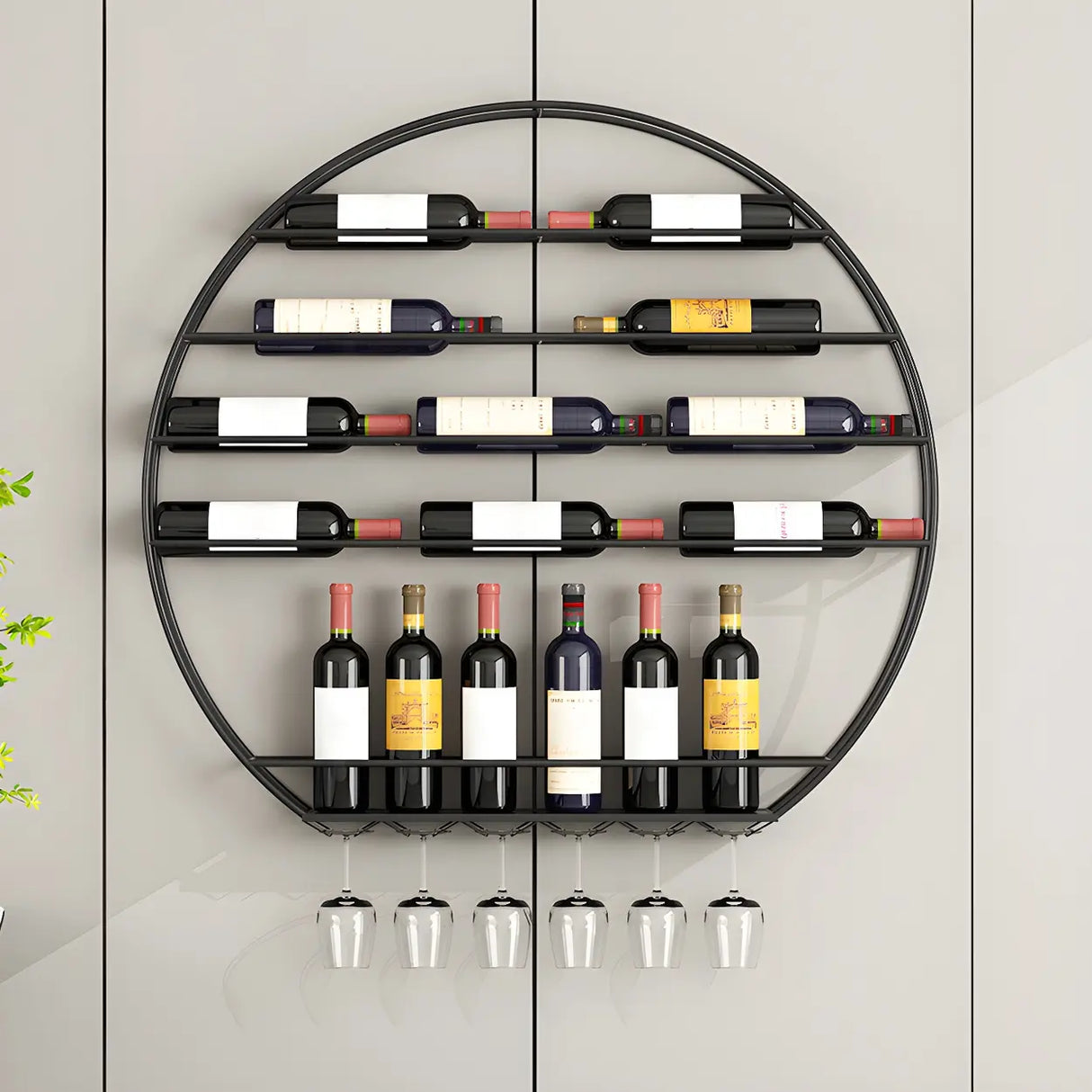 Gold Round Iron Floating Wall Stemware Holders Wine Rack Image - 4