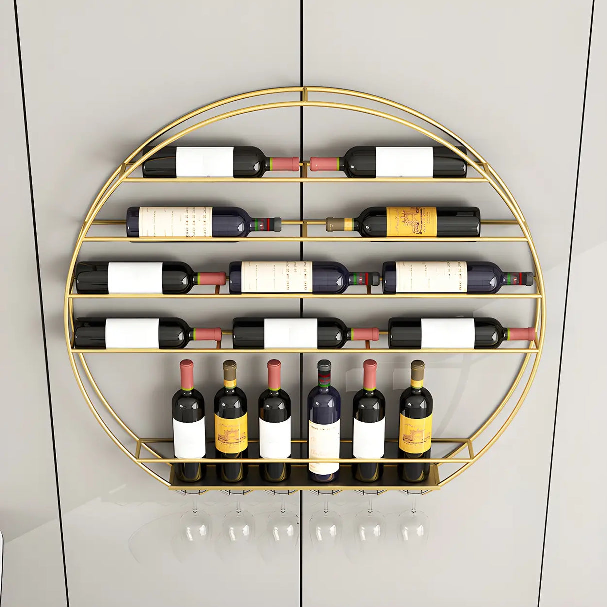 Gold Round Iron Floating Wall Stemware Holders Wine Rack Image - 7