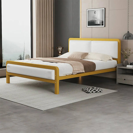 Gold-White Queen Metal Slat Upholstery Headboard Bed Image - 1