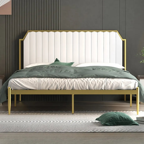 Gold-White Queen Modern Metal Upholstered Headboard Bed Image - 1
