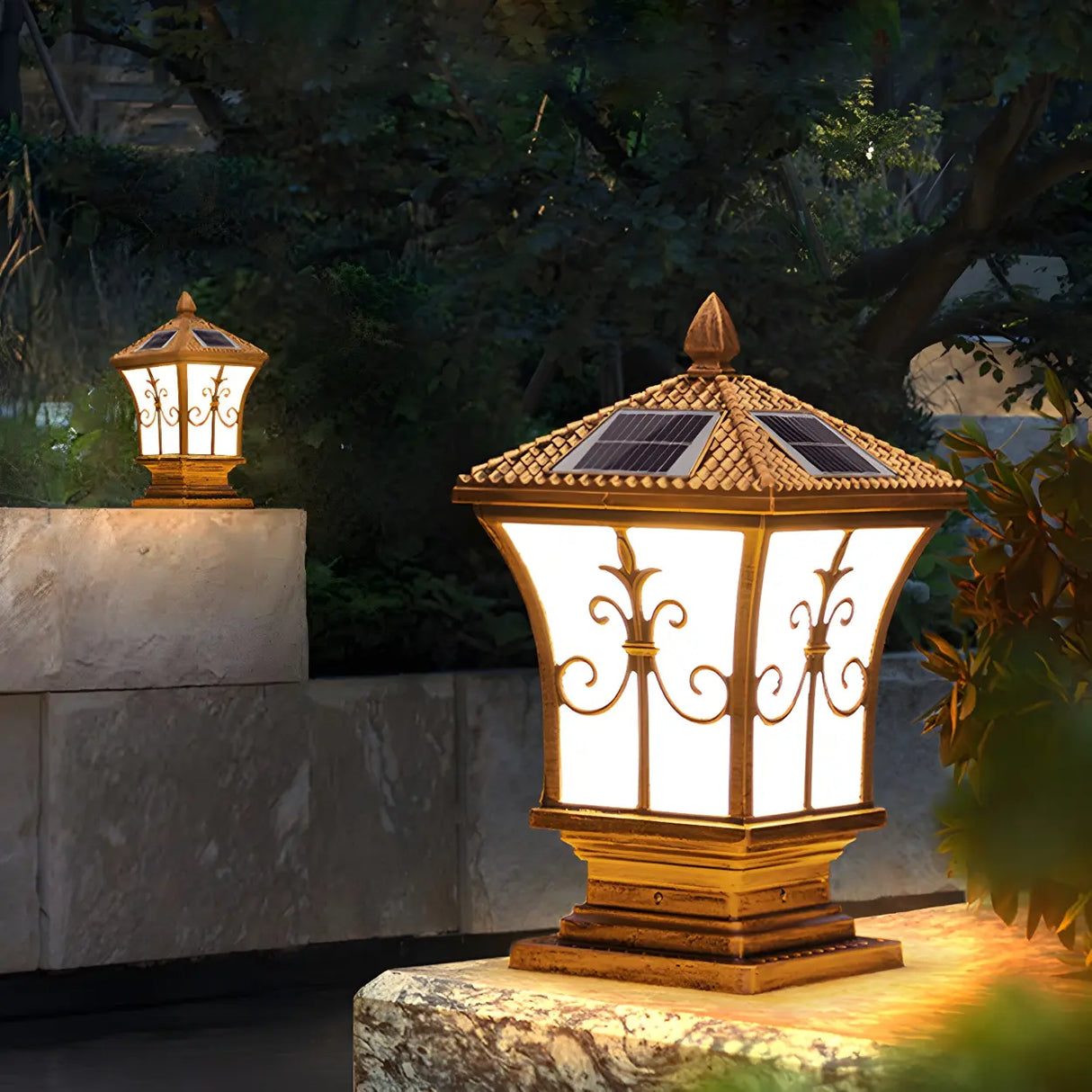 Golden Vintage Aluminum Solar Outdoor Lantern Lamp Image - 4