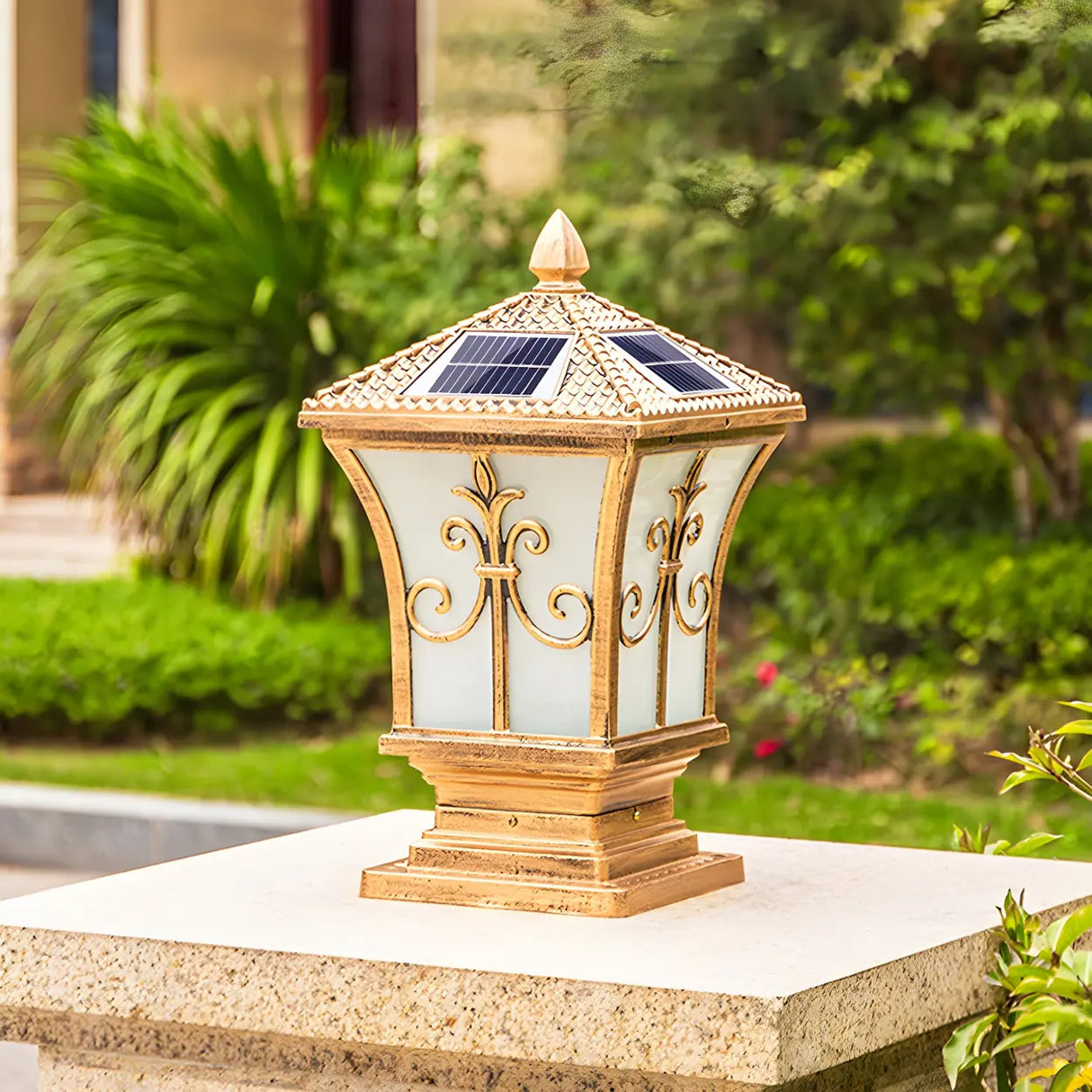 Golden Vintage Aluminum Solar Outdoor Lantern Lamp Image - 5