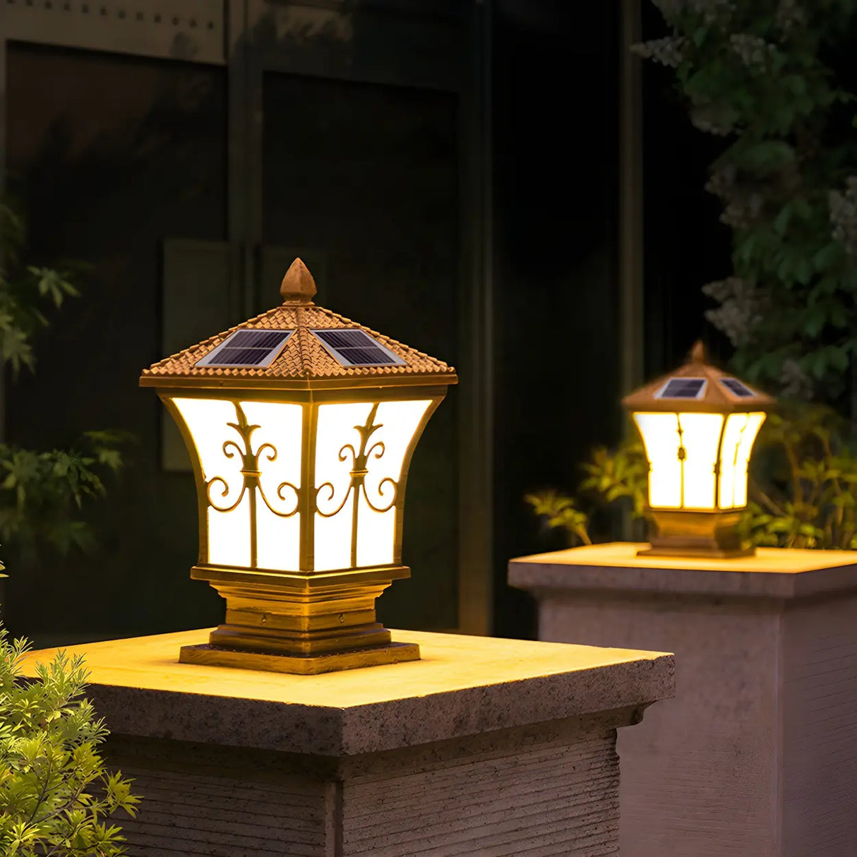 Golden Vintage Aluminum Solar Outdoor Lantern Lamp Image - 6