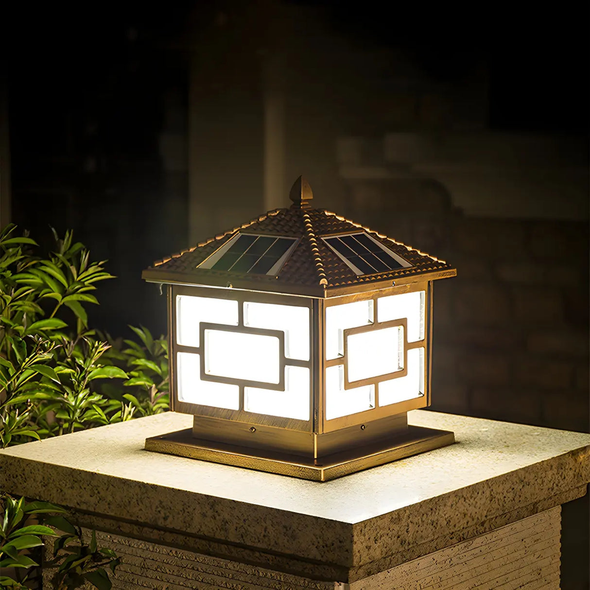 Golden Vintage Chinese Style Solar Lantern Outdoor Lamp Image - 10