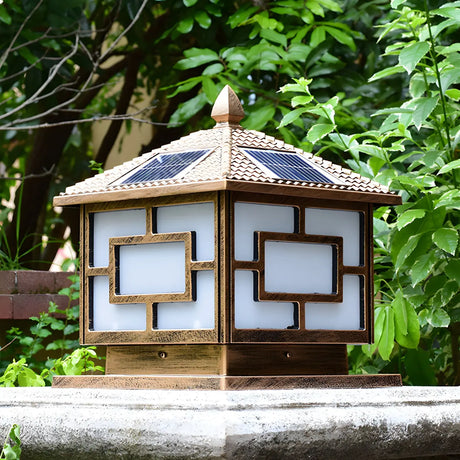 Golden Vintage Chinese Style Solar Lantern Outdoor Lamp Image - 2