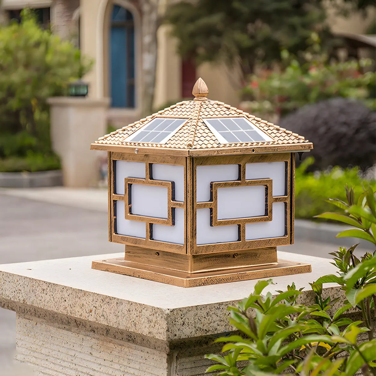 Golden Vintage Chinese Style Solar Lantern Outdoor Lamp Image - 3