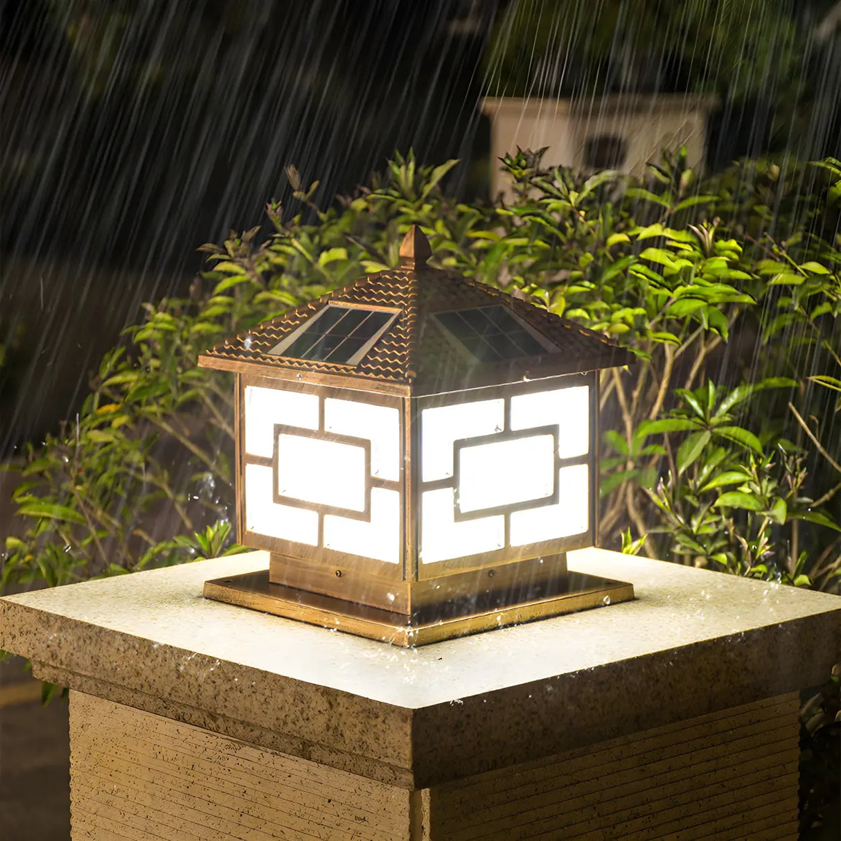 Golden Vintage Chinese Style Solar Lantern Outdoor Lamp Image - 4