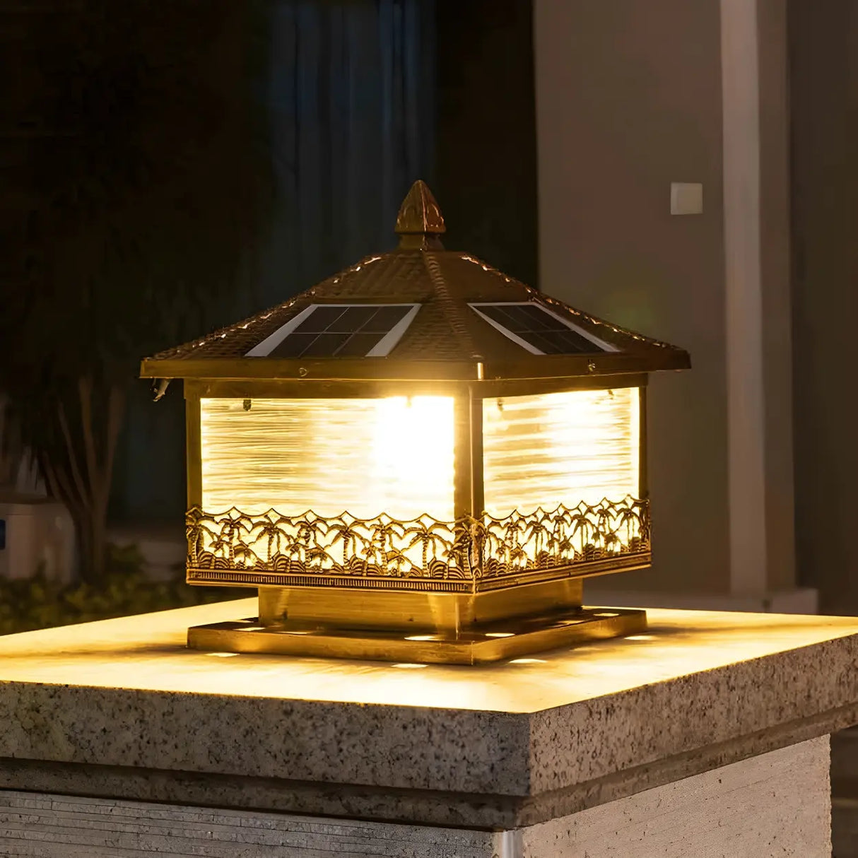 Golden Vintage Square Solar Outdoor Bronze Table Lamp Image - 1