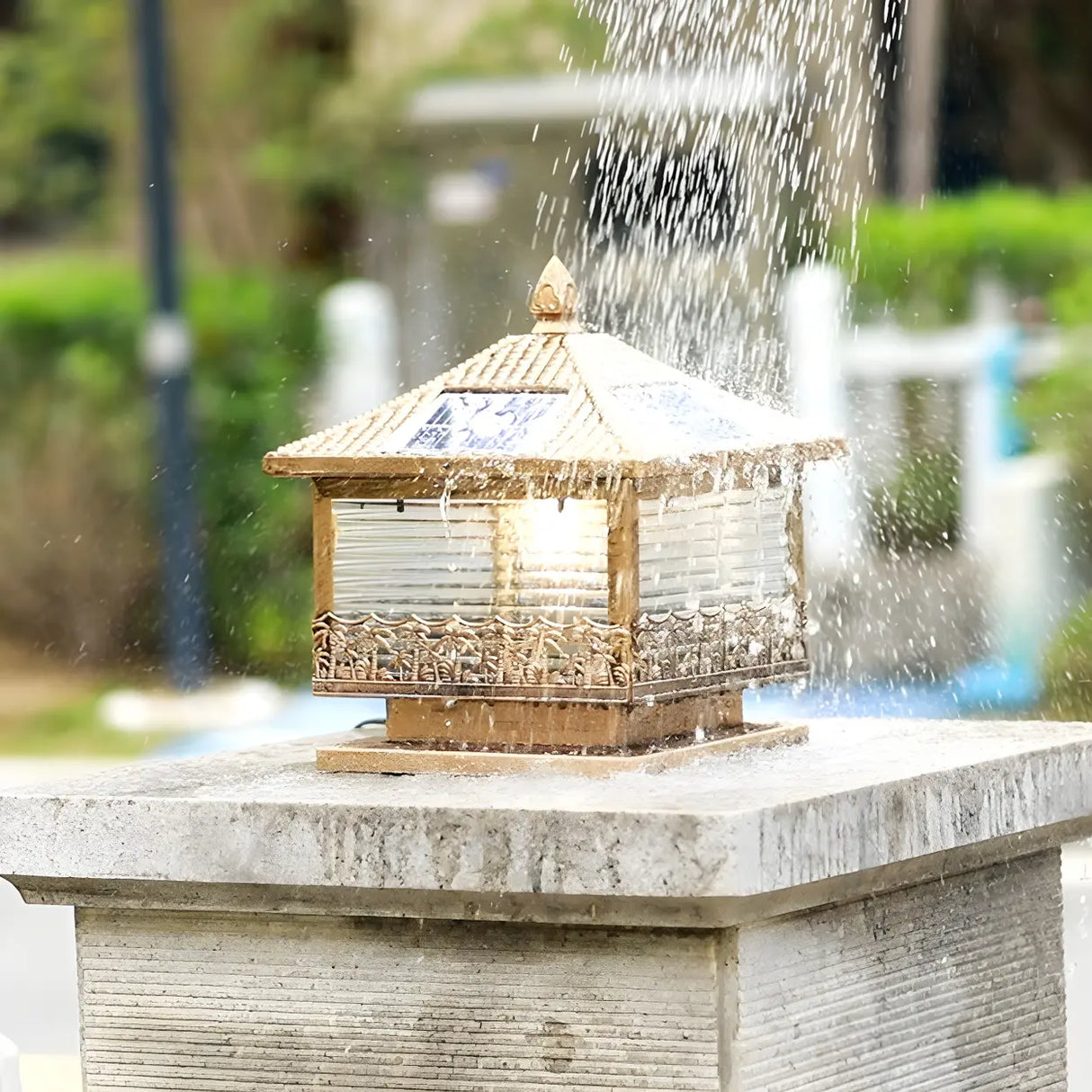 Golden Vintage Square Solar Outdoor Bronze Table Lamp Image - 13