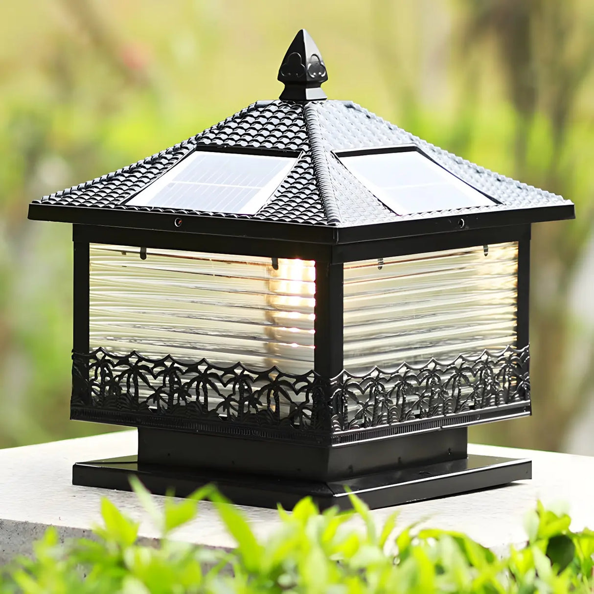 Golden Vintage Square Solar Outdoor Bronze Table Lamp Image - 16