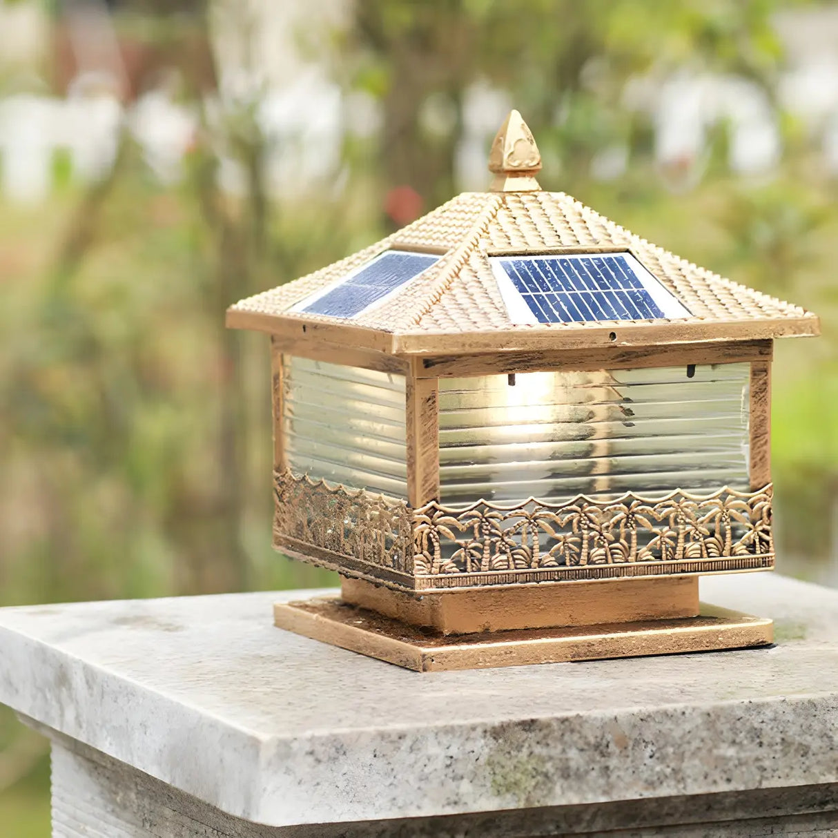 Golden Vintage Square Solar Outdoor Bronze Table Lamp Image - 17