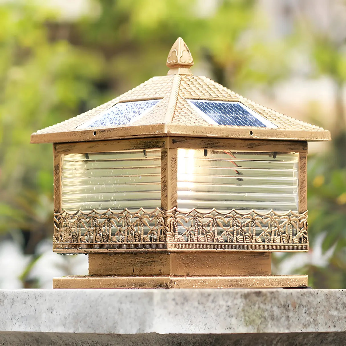 Golden Vintage Square Solar Outdoor Bronze Table Lamp Image - 6