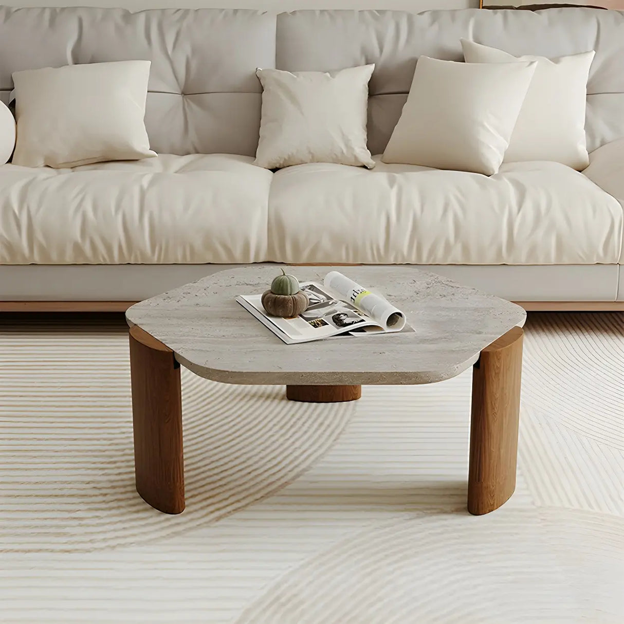 Gray Hexagon Travertine Coffee Table with Black Leg Image - 4
