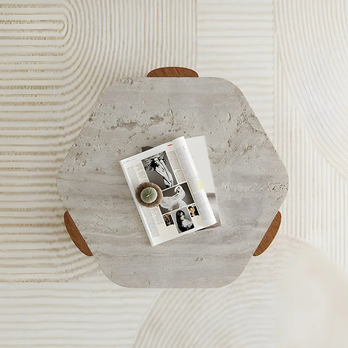 Gray Hexagon Travertine Coffee Table with Black Leg Image - 6