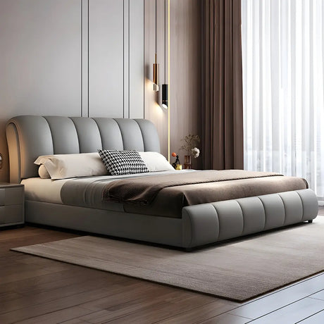 Gray King Upholstered Leather Bed Frame with Headboard Image - 1