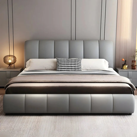 Gray King Upholstered Leather Bed Frame with Headboard Image - 2