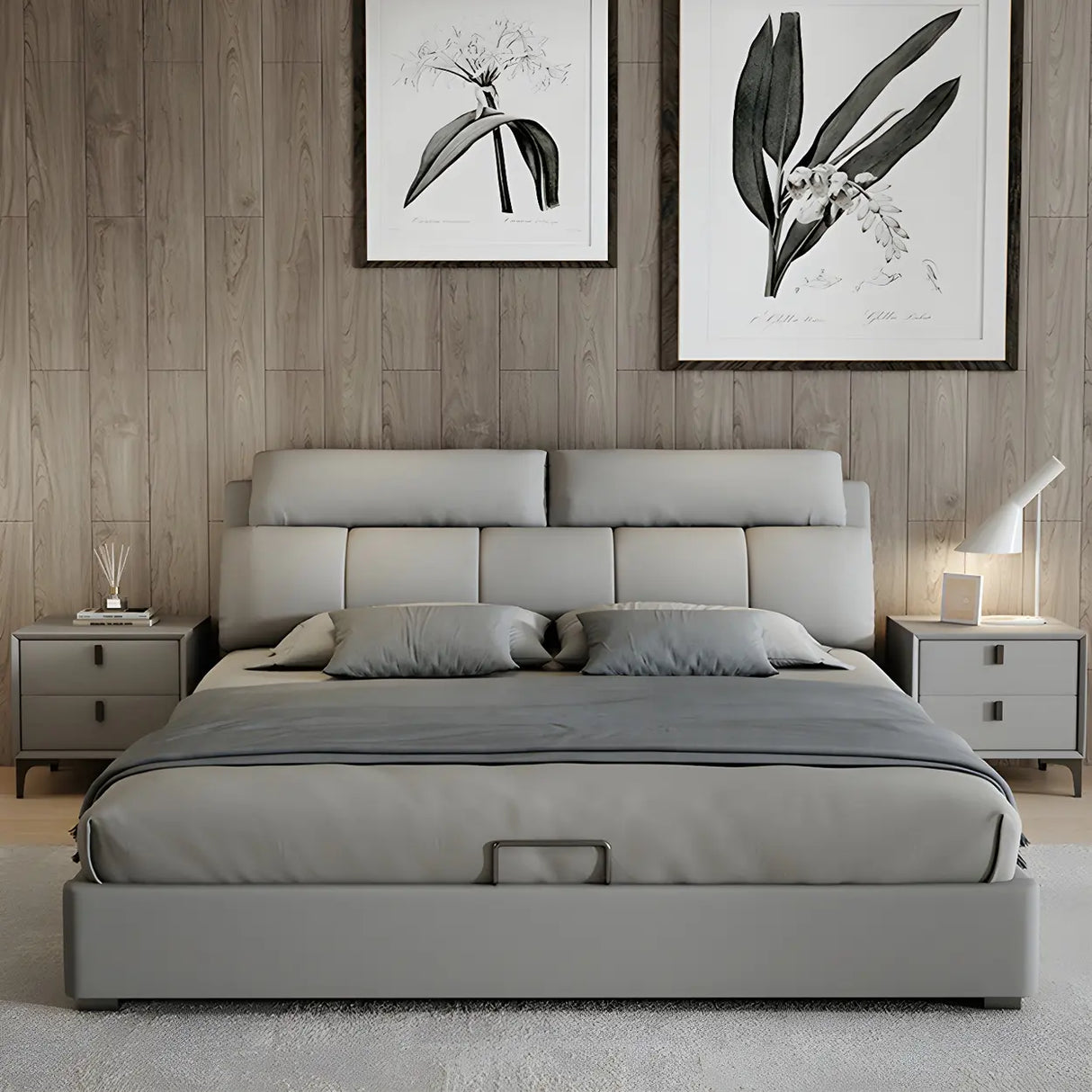 Gray King Upholstered Wood Storage Bed with Headboard Image - 1