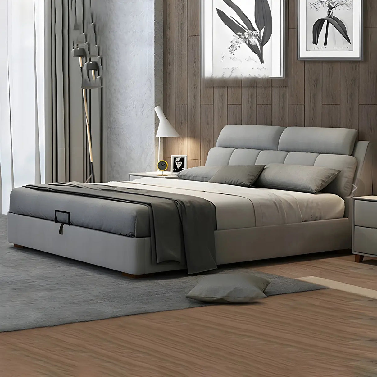 Gray King Upholstered Wood Storage Bed with Headboard Image - 3