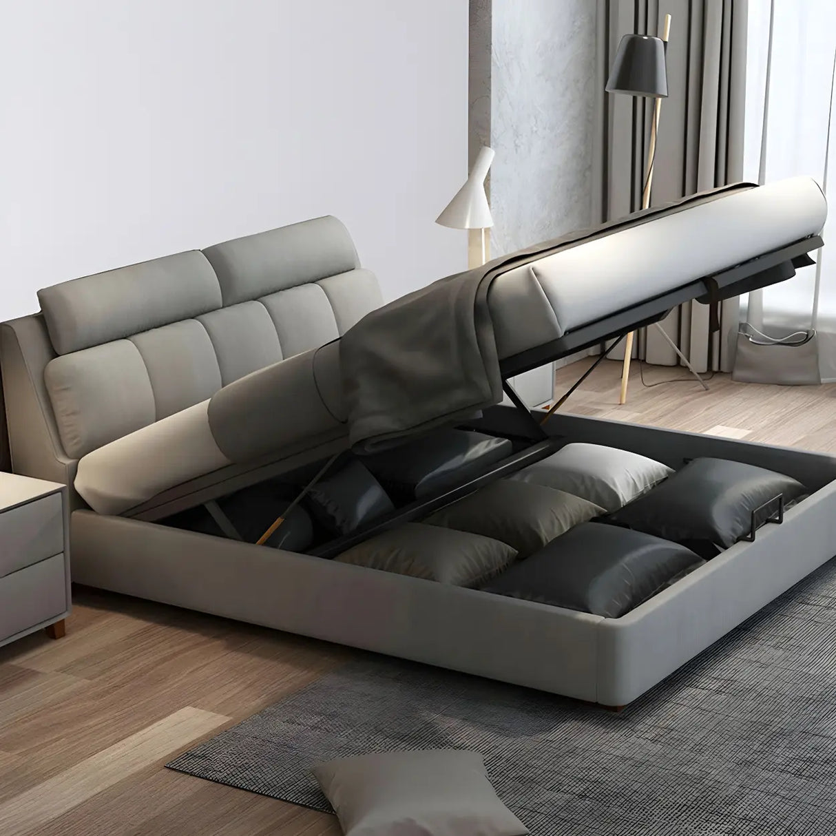 Gray King Upholstered Wood Storage Bed with Headboard Image - 4