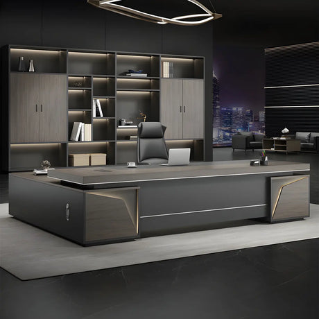 Gray L-Shape Manufactured Wood Storage Executive Desk Image - 1