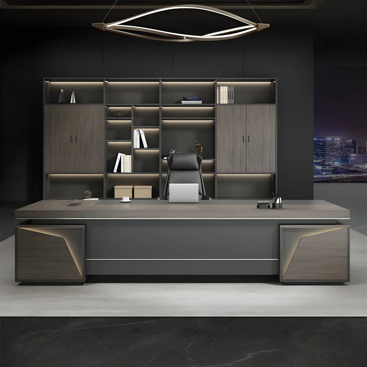 Gray L-Shape Manufactured Wood Storage Executive Desk Image - 2