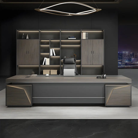 Gray L-Shape Manufactured Wood Storage Executive Desk Image - 2