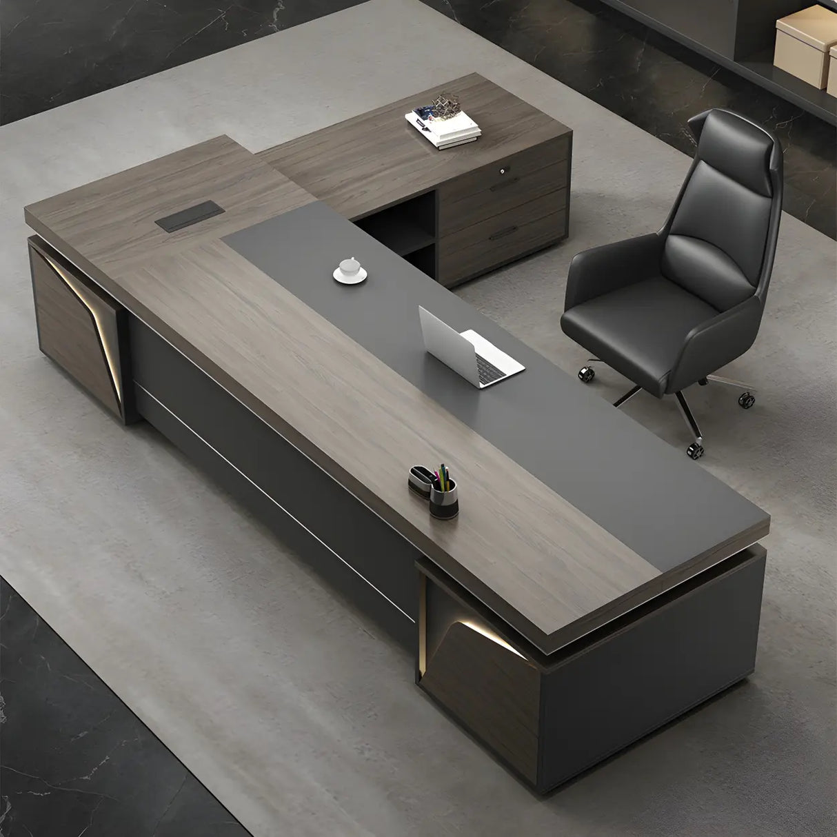 Gray L-Shape Manufactured Wood Storage Executive Desk Image - 3