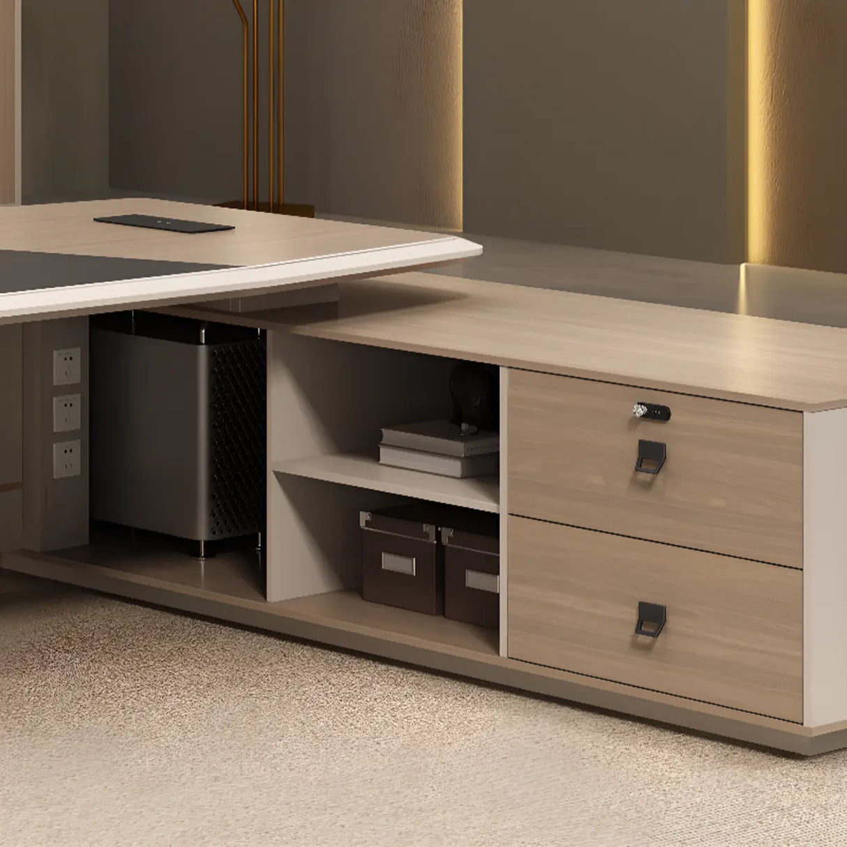 Gray L-Shape Wood Computer Desk with Cabinet and Shelf Image - 11