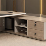 Gray L-Shape Wood Computer Desk with Cabinet and Shelf Image - 11
