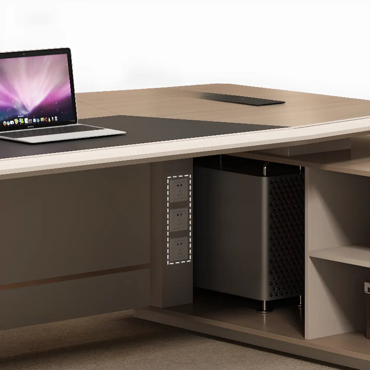 Gray L-Shape Wood Computer Desk with Cabinet and Shelf Image - 12