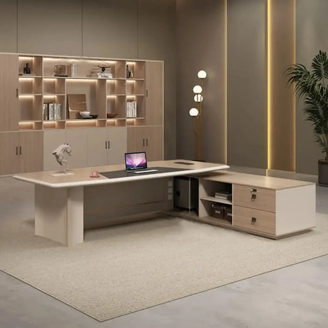 Gray L-Shape Wood Computer Desk with Cabinet and Shelf Image - 1