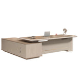 Gray L-Shape Wood Computer Desk with Cabinet and Shelf Image - 3