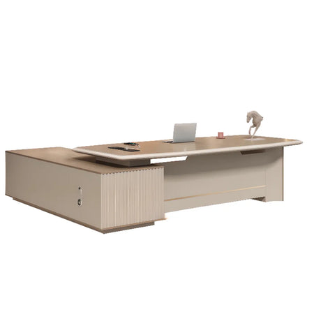 Gray L-Shape Wood Computer Desk with Cabinet and Shelf Image - 3
