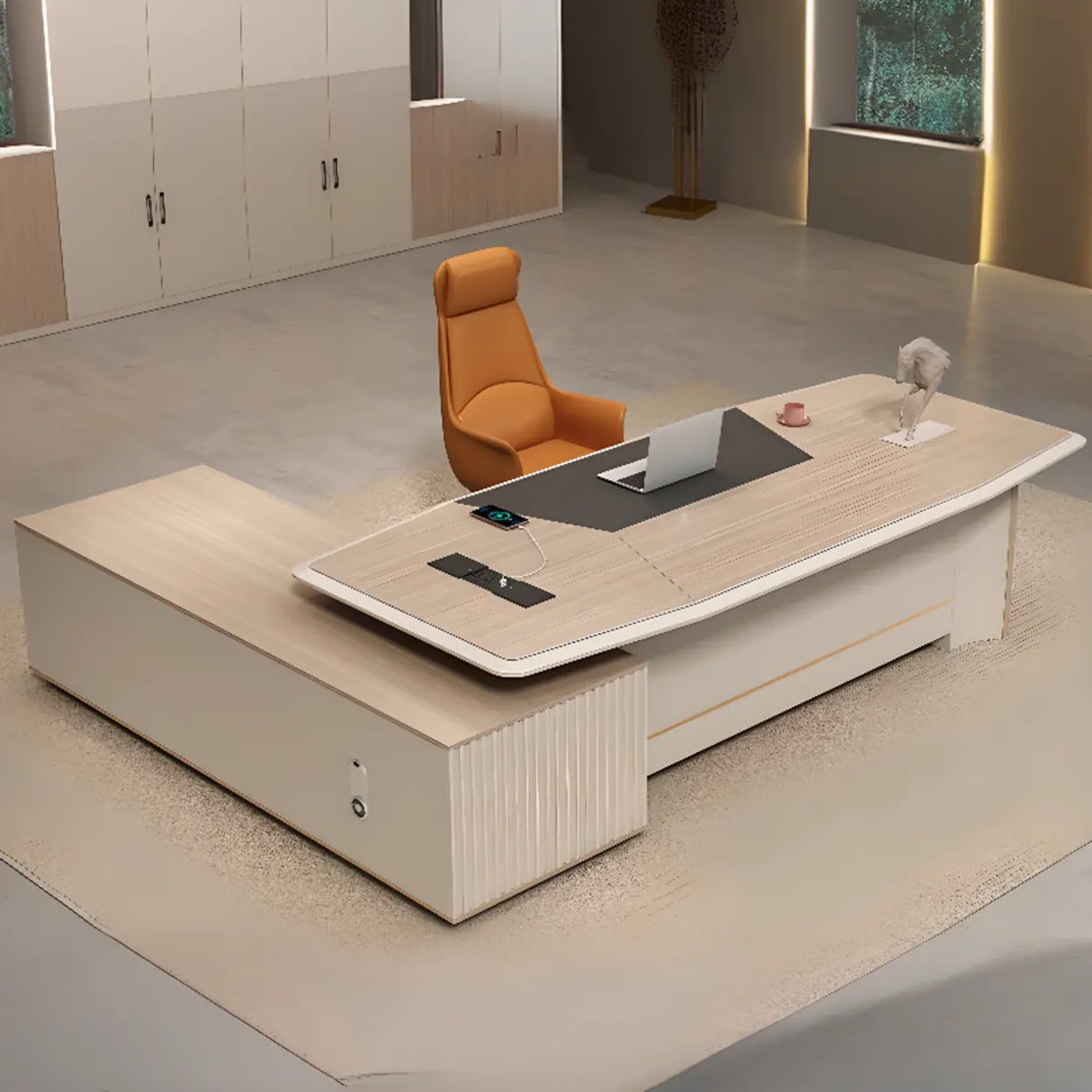 Gray L-Shape Wood Computer Desk with Cabinet and Shelf Image - 4