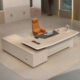 Gray L-Shape Wood Computer Desk with Cabinet and Shelf Image - 4