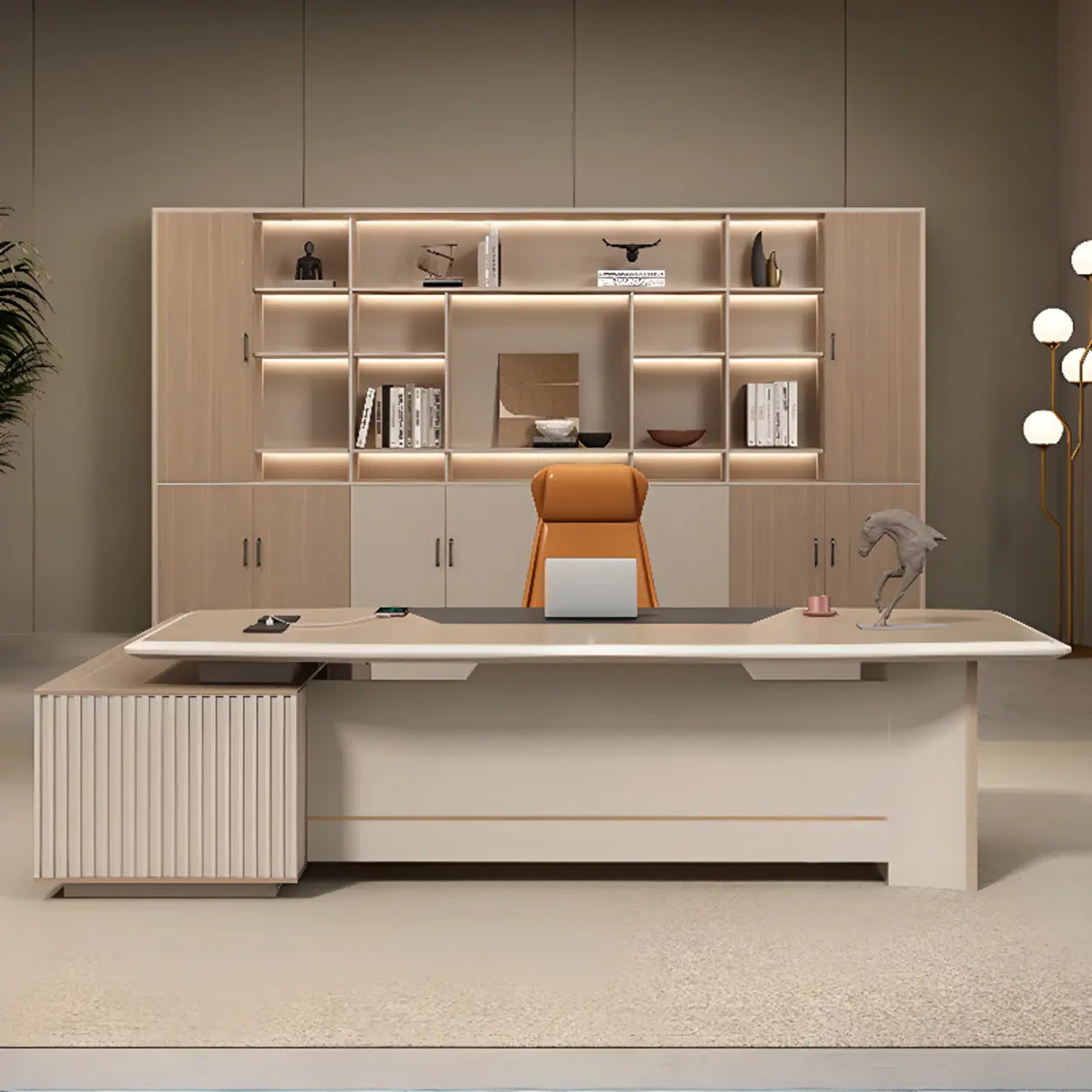 Gray L-Shape Wood Computer Desk with Cabinet and Shelf Image - 5
