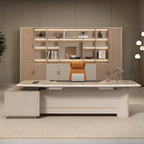 Gray L-Shape Wood Computer Desk with Cabinet and Shelf Image - 5