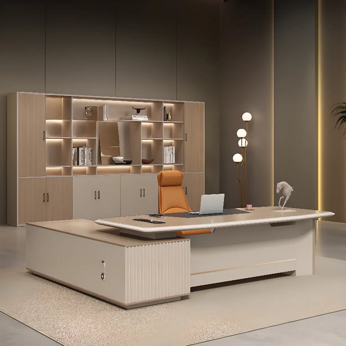 Gray L-Shape Wood Computer Desk with Cabinet and Shelf Image - 6