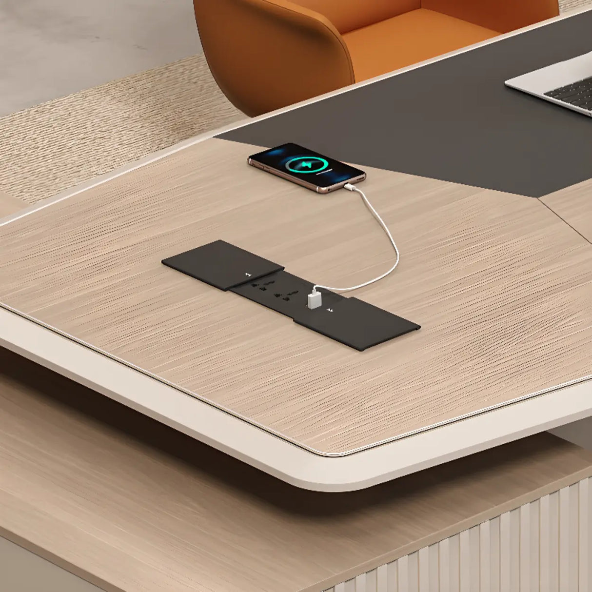 Gray L-Shape Wood Computer Desk with Cabinet and Shelf Image - 7