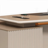 Gray L-Shape Wood Computer Desk with Cabinet and Shelf Image - 8