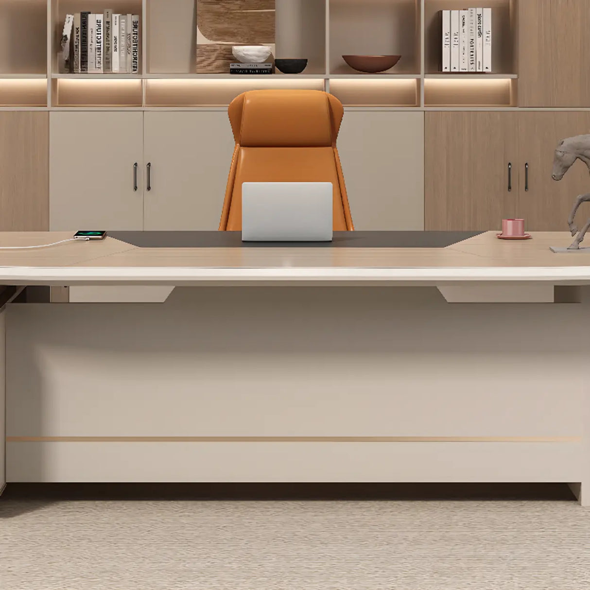 Gray L-Shape Wood Computer Desk with Cabinet and Shelf Image - 9