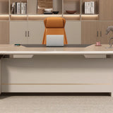 Gray L-Shape Wood Computer Desk with Cabinet and Shelf Image - 9