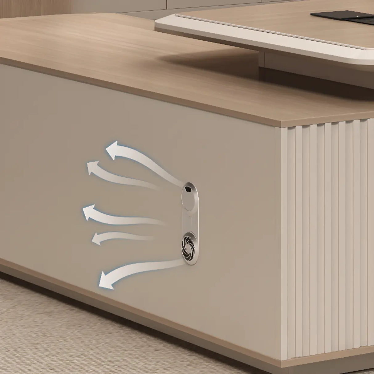 Gray L-Shape Wood Computer Desk with Cabinet and Shelf Image - 10
