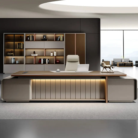 Gray L-Shaped Long Wooden Desk with Cabinet and Shelves Image - 1