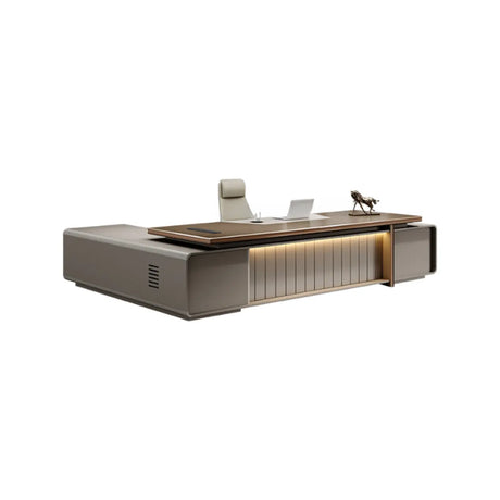 Gray L-Shaped Long Wooden Desk with Cabinet and Shelves Image - 2