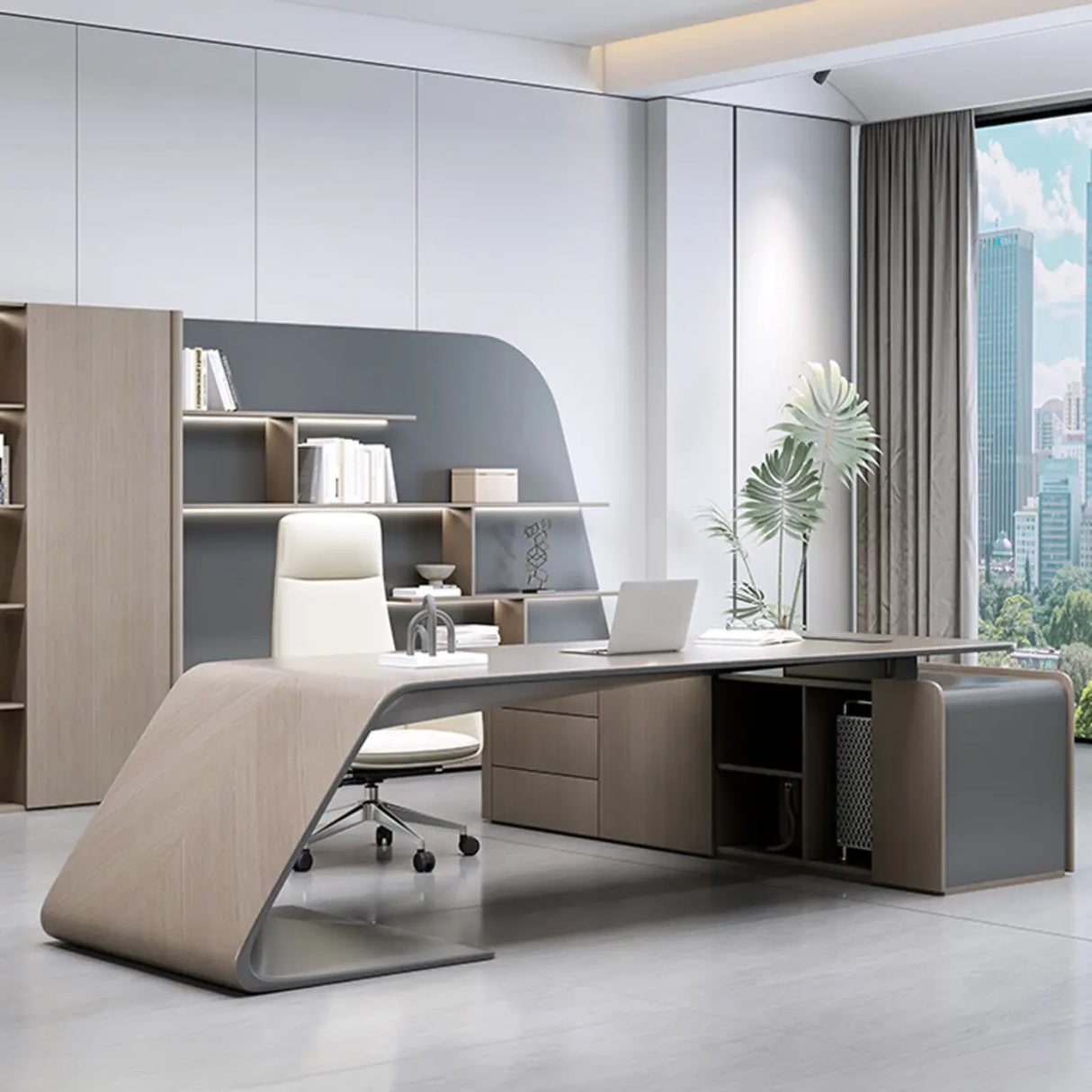 Gray L-Shaped Long Wooden Desk with Shelves and Drawers Image - 1