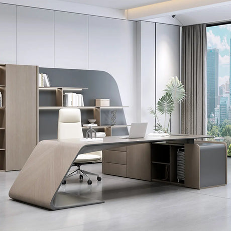 Gray L-Shaped Long Wooden Desk with Shelves and Drawers Image - 1