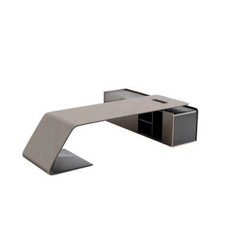 Gray L-Shaped Long Wooden Desk with Shelves and Drawers Image - 2